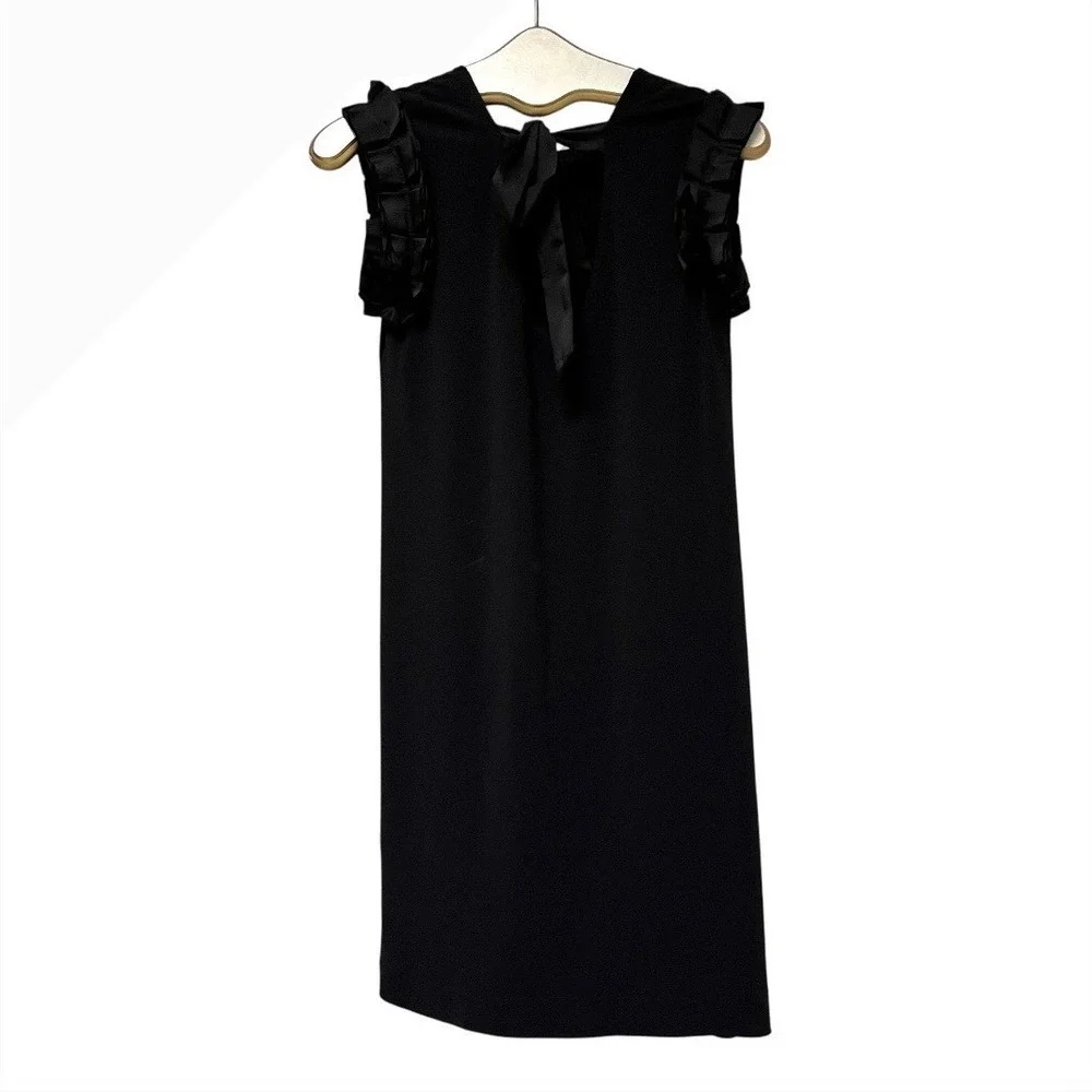 Tory Burch Black Ruffle Shoulder Bow Back Shift Dress Old Money Chic LBD‎ Sz S/P